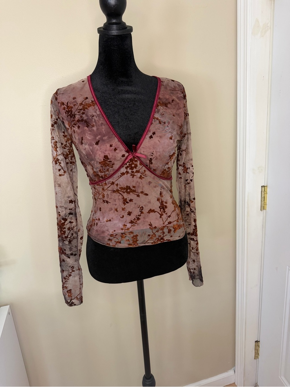 Thirty Thirty LA Sheer Mesh Floral Velvet Top Small Grunge Fairy Romantic V Neck